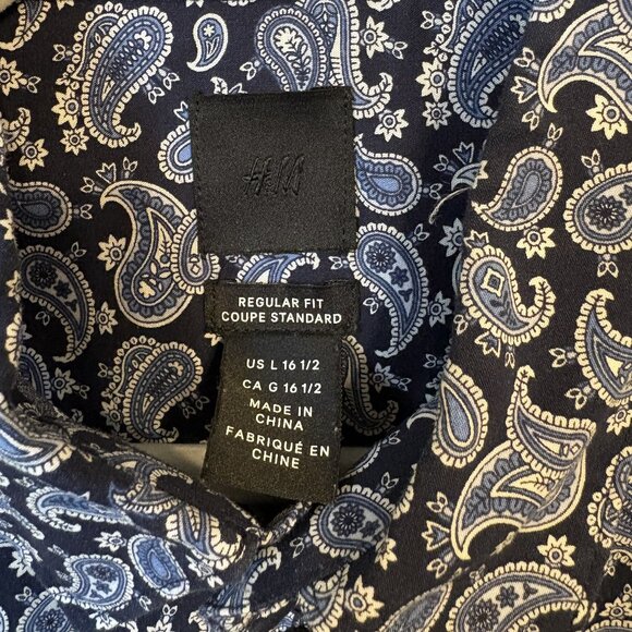 H&M Blue Paisley Long Sleeve Button-Up Regular Fit Shirt Men's Size L - Picture 4 of 5